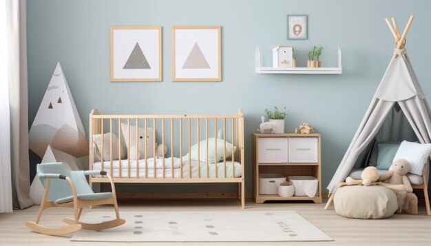 De kamer is een kinderkamer in lichtblauwe kleur.