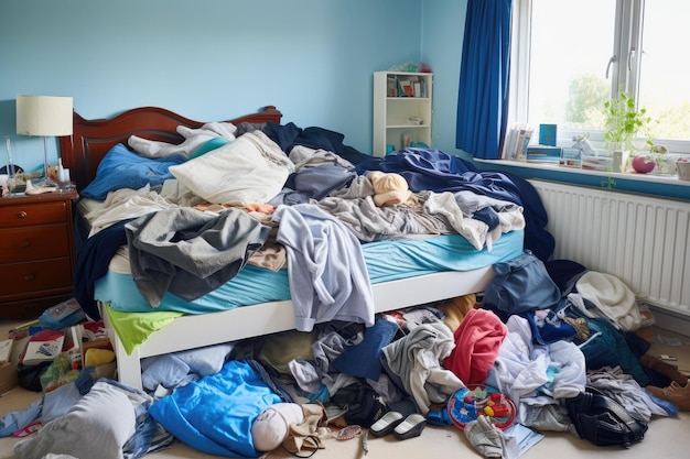 Foto de kamer van de tieners is een puinhoop met verspreide kleren op de laden en de vloer.