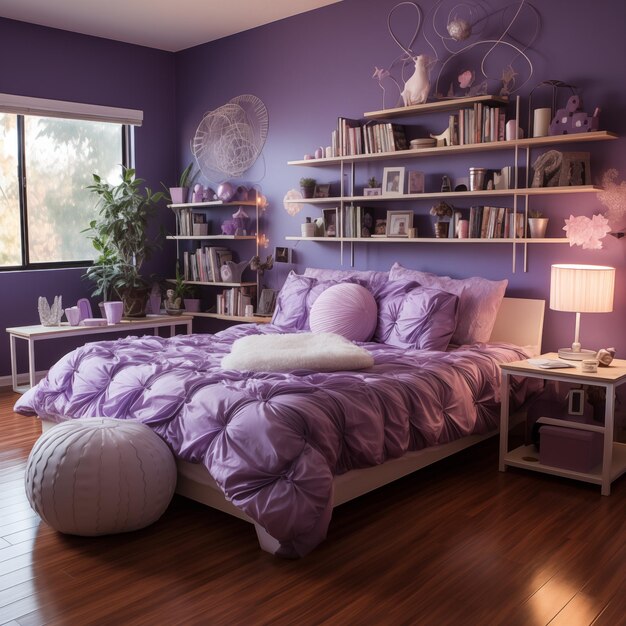 Foto de kamer van een tienermeisje met paarse muren en luxe paarse meubels