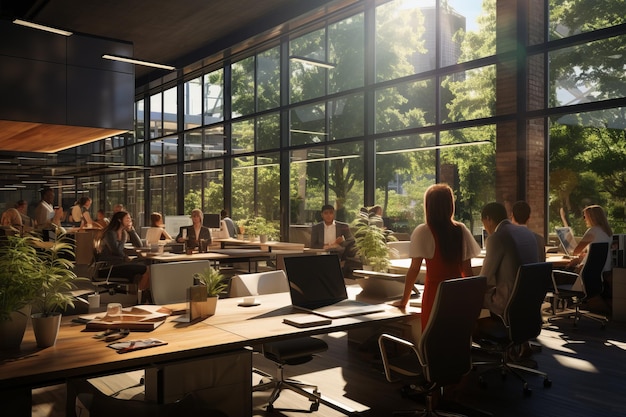 De kantoorruimte is gevuld met natuurlijk licht en planten die een heldere en uitnodigende werkomgeving creëren