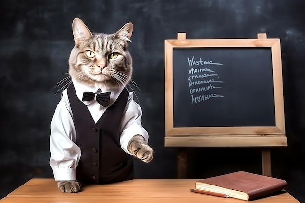 De kat leraar in een wit shirt en vest poseert tegen de achtergrond van een donkere schoolbord