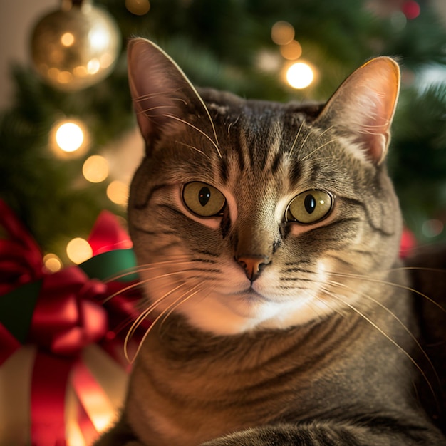 De kat van de kerstman steekt de decoratie van de ballenkerstboom aan