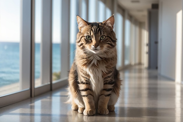 De kat wacht tot de eigenaar in de gang blijft met de zee als achtergrond