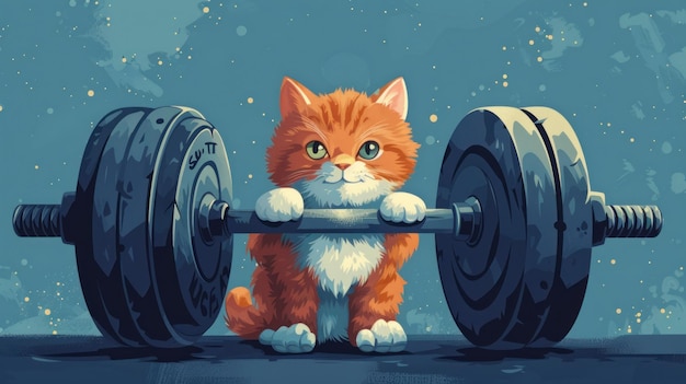 De kat zit op de barbell.