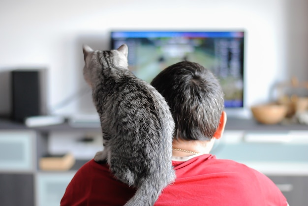 De kat zit op de schouder van een man met een grote tv achter hem