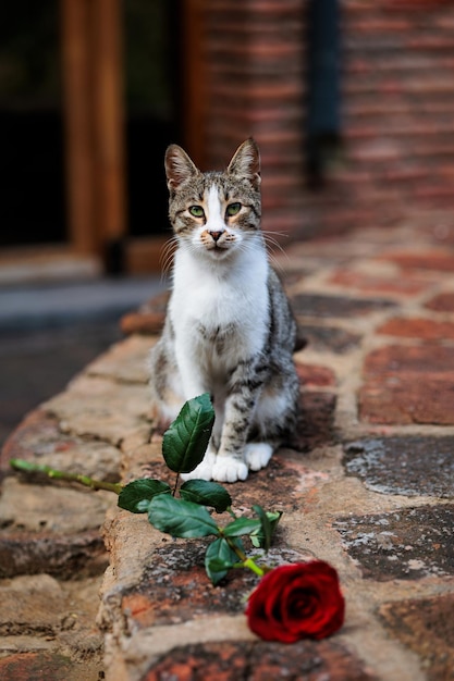 Foto de kat zit op een bakstenen oude muur met een rode roos in de oude stad tbilisi georgia kat met groene ogen