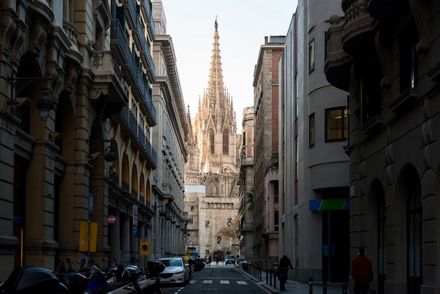 De Kathedraal van Barcelona tijdens zonsopgang, Barri Gotisch Kwart in Barcelona, Catalonië, Spanje.
