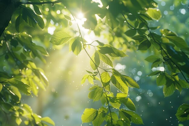 De kathedraal van de natuur het schitterende zonlicht dat door het groene bladerdak van de voorjaarsbladeren filtert