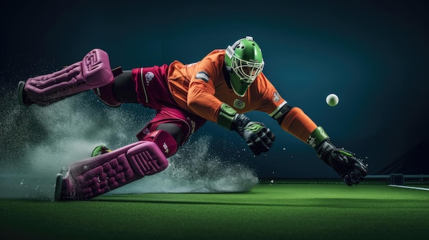 De keeper duikt om een geweldige redding te maken in veldhockey.