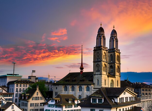 De kerk Grossmunster Zwitserland Stadsgezicht beeld van Zürich met kleurrijke hemel