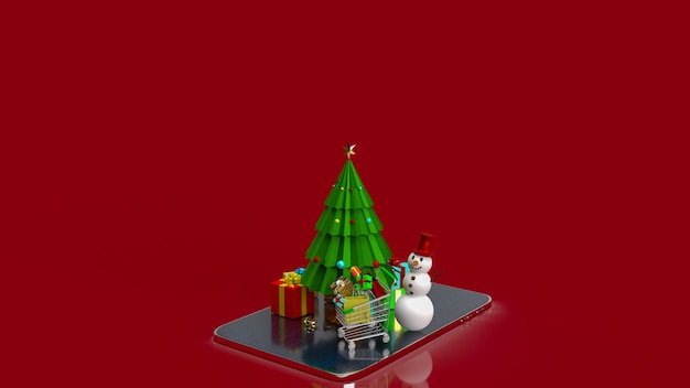 De kerstboom en het winkelwagentje op tablet voor feest of vakantieconcept 3D-rendering