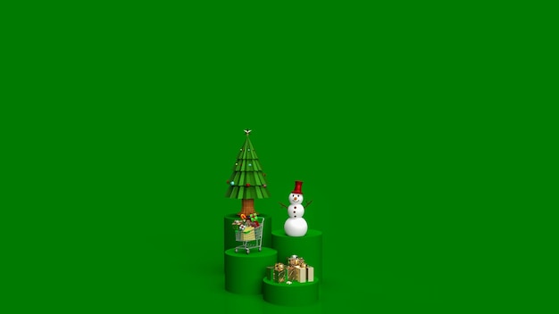 De kerstboom en sneeuwpop op groene kleurtoon voor vakantie of bedrijfsconcept 3D-rendering