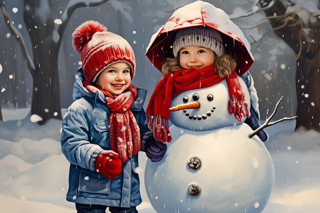 De kerstkaart met sneeuwmannen met een paraplu in de sneeuw Generatieve AI