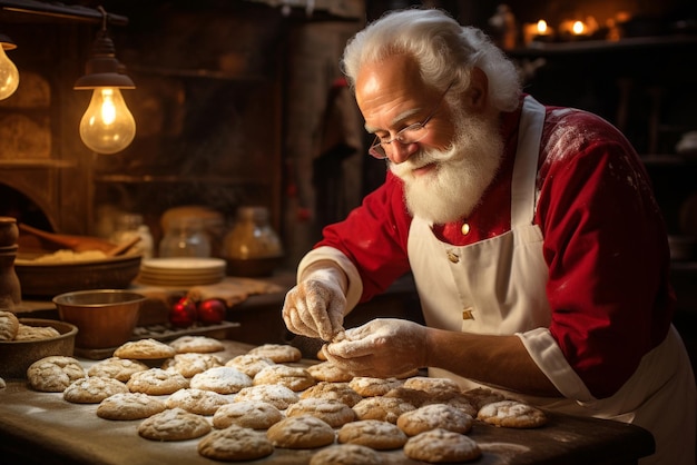 De Kerstman bakt een verscheidenheid aan kerstkoekjes, snoepjes met steranijs en kaneelvakantie