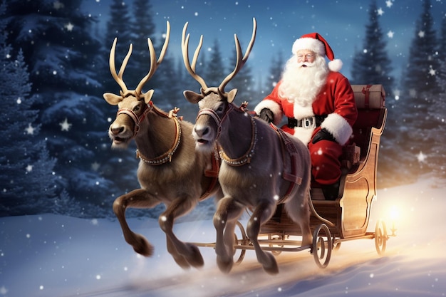 De Kerstman bezorgt cadeautjes in de sneeuw in een slee die wordt getrokken door rendieren