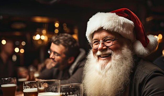 De kerstman drinkt bier in een bar.