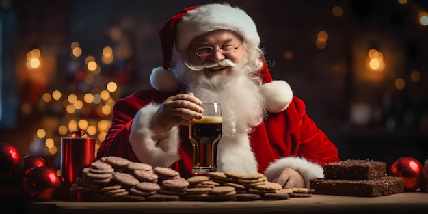 Foto de kerstman drinkt champagne met koekjes met kerstmis.