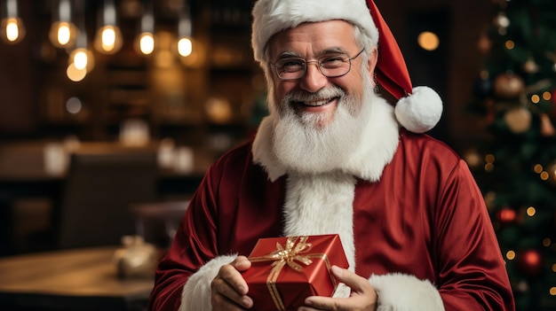 De kerstman geeft een cadeau in een magische nacht.