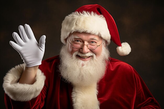 De kerstman heft zijn hand op en kijkt glimlachend naar de camera.