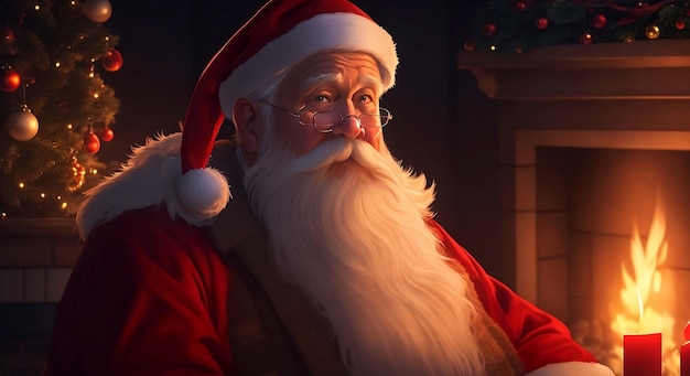 De kerstman houdt een grote geschenkdoos bij de open haard met kaarsen, lichten AI gegenereerd
