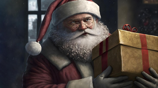 De kerstman houdt een verpakte kerstcadeaudoos vast, neuraal netwerk gegenereerde kunst