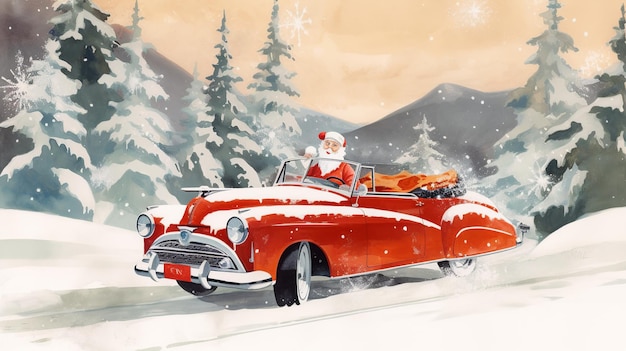 De kerstman in een rode oldtimer