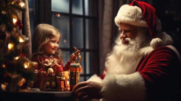 De kerstman in zijn kantoor met een klein meisje.