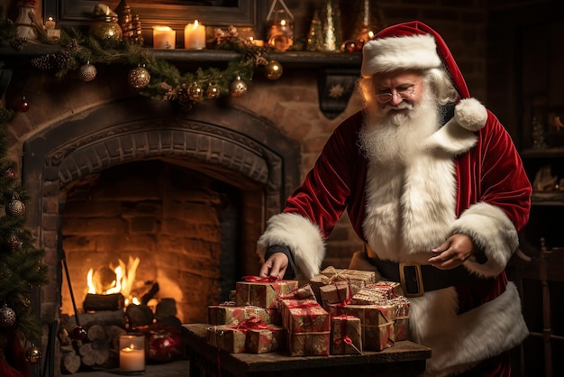De kerstman laat de geschenken bij de open haard achter.