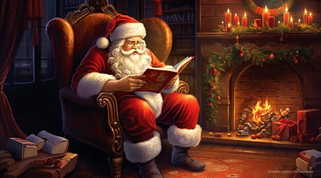 De kerstman leest boeken over het kerstleven