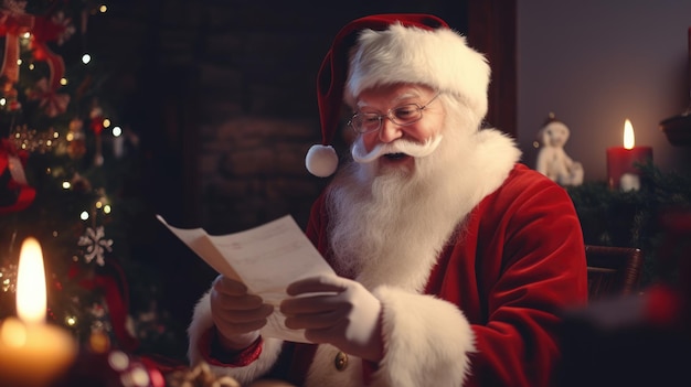 De kerstman leest een boek Nieuwjaar en kerstvakanties De sfeer van de vakantie Postkaart
