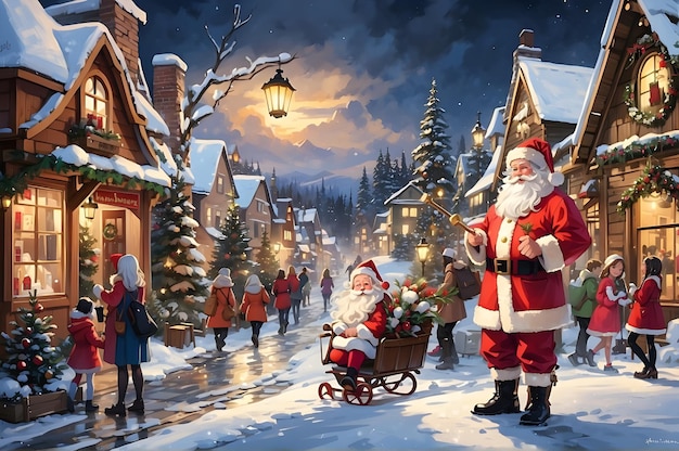 De kerstman leidt een feestelijke parade door een charmante kleine stad