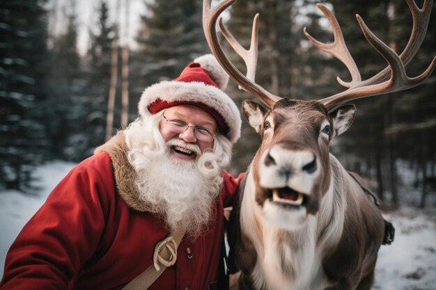 Foto de kerstman maakt een foto met zijn rendieren