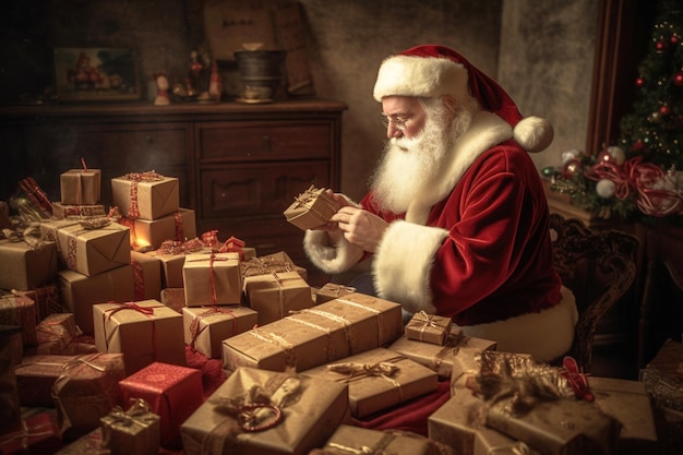 De kerstman met een stapel cadeautjes