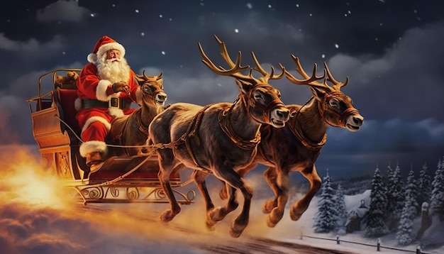 de kerstman rijdt op een slee getrokken door rendieren