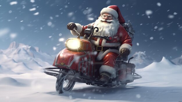 De kerstman rijdt op een sneeuwscooter.