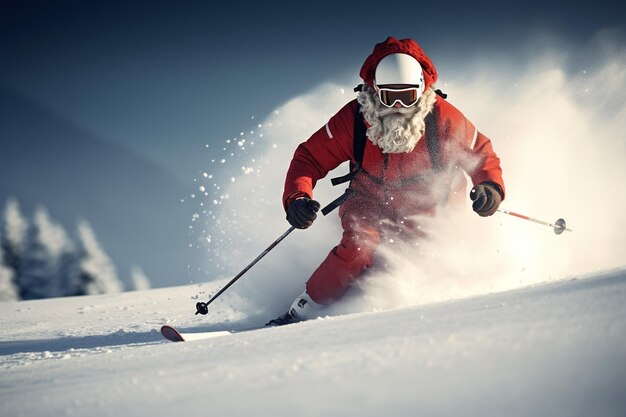 De kerstman skiet snel op de sneeuw.