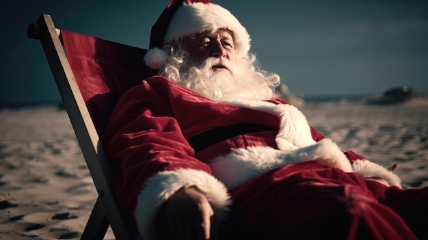 De kerstman slaapt op een strandstoel