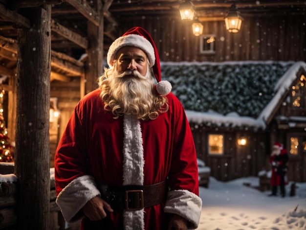 De Kerstman staat in de sneeuw