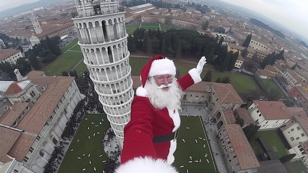 de kerstman staat op de schuine toren van Pisa, Italië