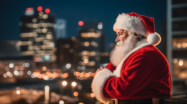 de kerstman staat op een balkon en kijkt naar de stadsverlichting generatieve AI