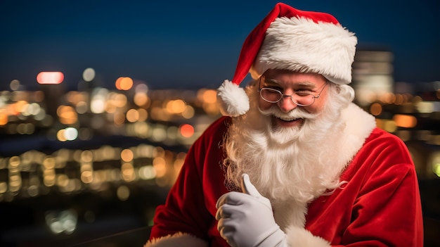 de kerstman staat op een dak met een stad op de achtergrond generatieve AI