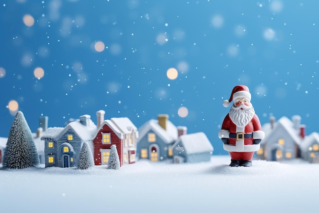 De kerstman staat voor huizen op de sneeuw.