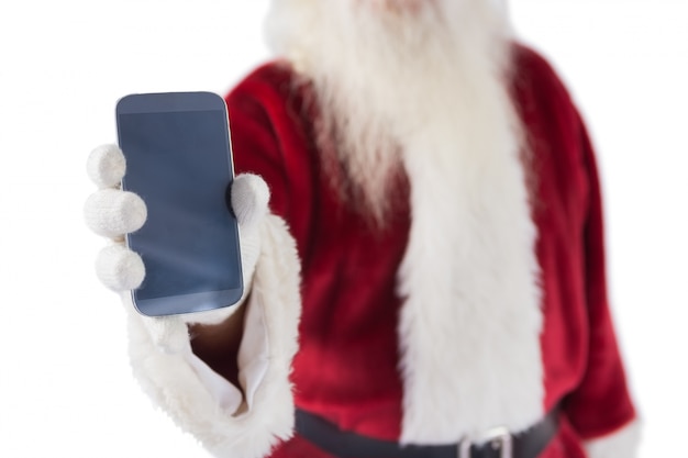 De kerstman toont een smartphone