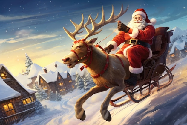 De kerstman vliegt op een slee met rendieren.