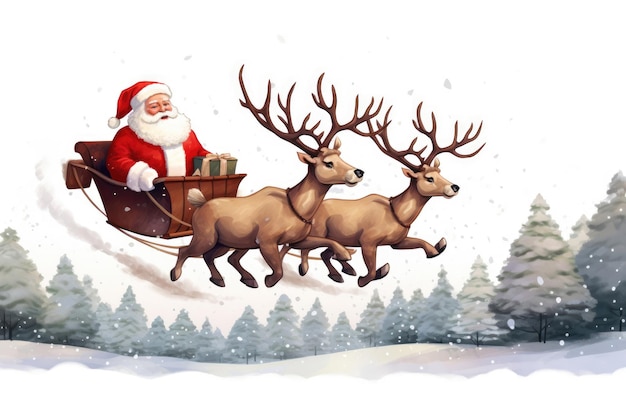 De kerstman vliegt op een slee met rendieren.
