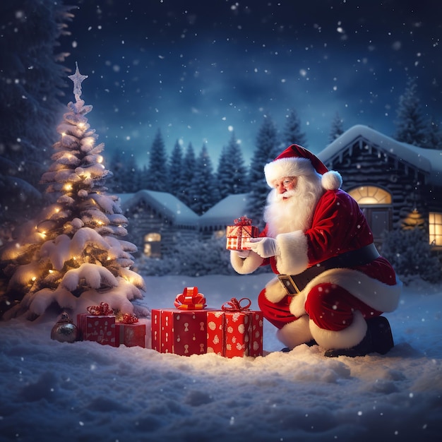 De Kerstman zet geschenkdozen neer onder de kerstboom Generatieve Ai