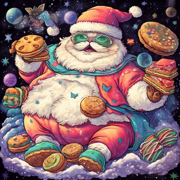 de kerstman zit op een stapel koekjes en koekjes generatieve ai