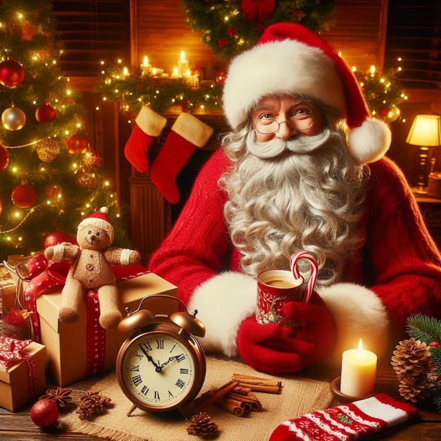de kerstman zit voor een kerstboom met een klok en een Kerstboom op de achtergrond