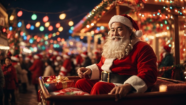 Foto de kerstman zit vrolijk op een wagen bedekt met kleurrijke lichten