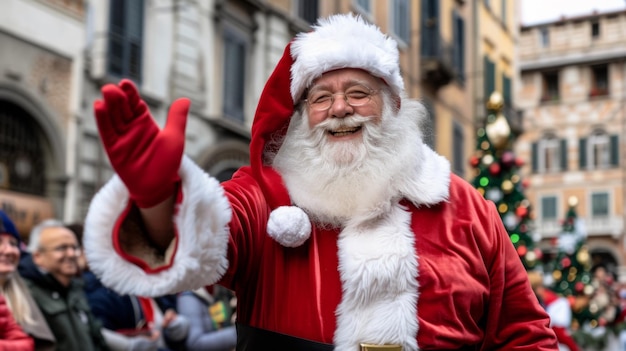 Foto de kerstman zwaait naar de menigte op straat